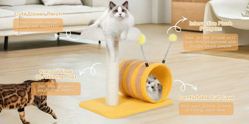 벌 테마 고양이 트리, 시살 스크래칭 포스트 & 놀이 터널 포함 - 튼튼한 코르크 소재, 실내 고양이를 위한 깔끔한 디자인No.3203