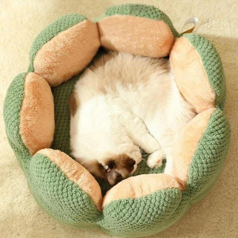 편안한 플러시 꽃잎 모양 고양이 침대 - 부드럽고 따뜻한 둥근 쿠션 매트, 새끼 고양이 & 강아지용, 녹색 니트 질감, 폴리에스테르 충전 - 겨울용 완벽한 편안함, 아늑한 애완동물 쿠션|꽃잎 모양 침대|편안한 애완동물 침대, 고양이용 애완동물 침대No.3135