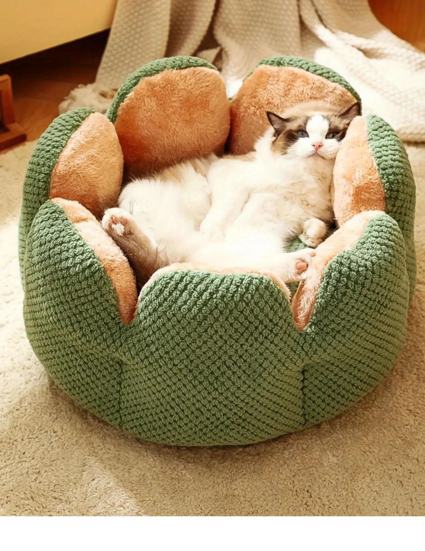 편안한 플러시 꽃잎 모양 고양이 침대 - 부드럽고 따뜻한 둥근 쿠션 매트, 새끼 고양이 & 강아지용, 녹색 니트 질감, 폴리에스테르 충전 - 겨울용 완벽한 편안함, 아늑한 애완동물 쿠션|꽃잎 모양 침대|편안한 애완동물 침대, 고양이용 애완동물 침대No.3135