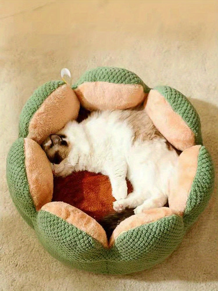 편안한 플러시 꽃잎 모양 고양이 침대 - 부드럽고 따뜻한 둥근 쿠션 매트, 새끼 고양이 & 강아지용, 녹색 니트 질감, 폴리에스테르 충전 - 겨울용 완벽한 편안함, 아늑한 애완동물 쿠션|꽃잎 모양 침대|편안한 애완동물 침대, 고양이용 애완동물 침대No.3135