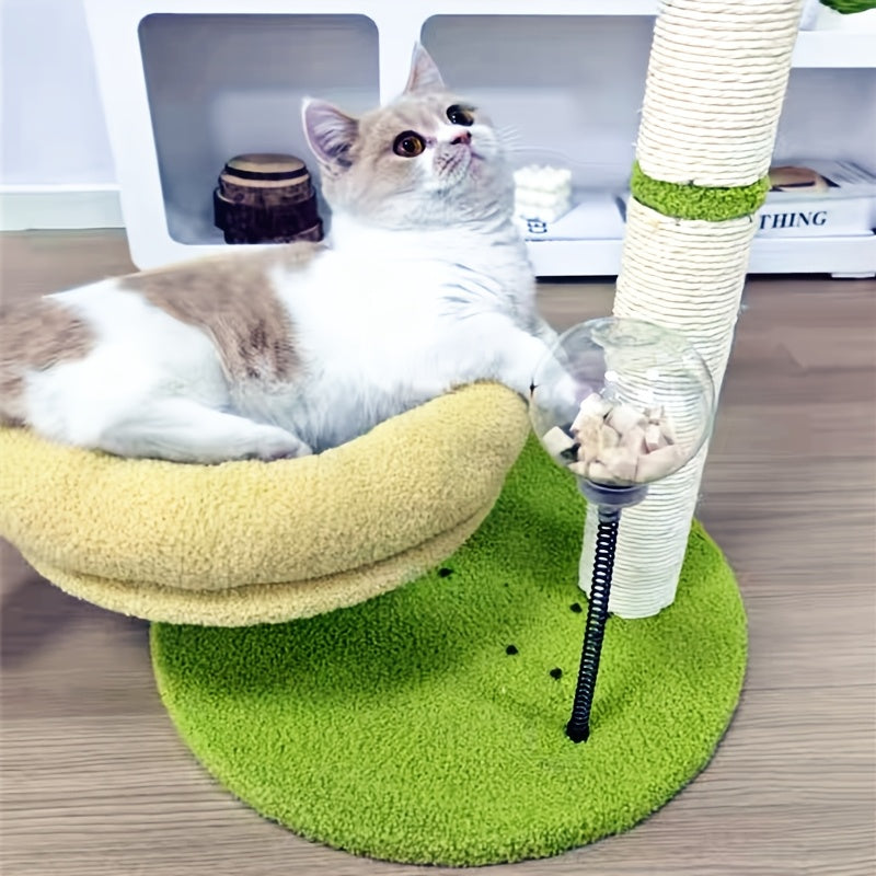 다기능 패션 코코넛 나무 고양이 스크래치 보드, 고양이 둥지, 고양이 급식기 세 가지 조합으로 이루어진 고양이 장난감 공과 함께, 내마모성 있고 견고하며 무취이며, 고양이 스크래칭 및 오락 놀이에 적합한 고양이 스크래칭 기둥No.3201