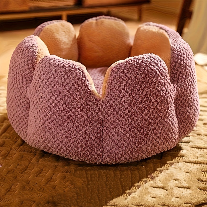 편안한 플러시 꽃잎 모양 고양이 침대 - 부드럽고 따뜻한 둥근 쿠션 매트, 새끼 고양이 & 강아지용, 녹색 니트 질감, 폴리에스테르 충전 - 겨울용 완벽한 편안함, 아늑한 애완동물 쿠션|꽃잎 모양 침대|편안한 애완동물 침대, 고양이용 애완동물 침대No.3135