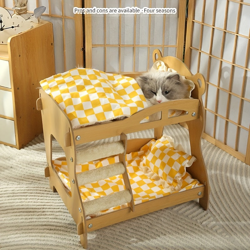 프린세스 스타일 고양이 침대 - 탈착식 세탁 가능 체커보드 쿠션과 우아한 곡선 디자인, 소형 및 중형 고양이를 위한 내구성 있는 목재 프레임, 홈 데코용 스타일리시 펫 가구, 일본풍 스타일 | 조립식 목재 구조No.3159