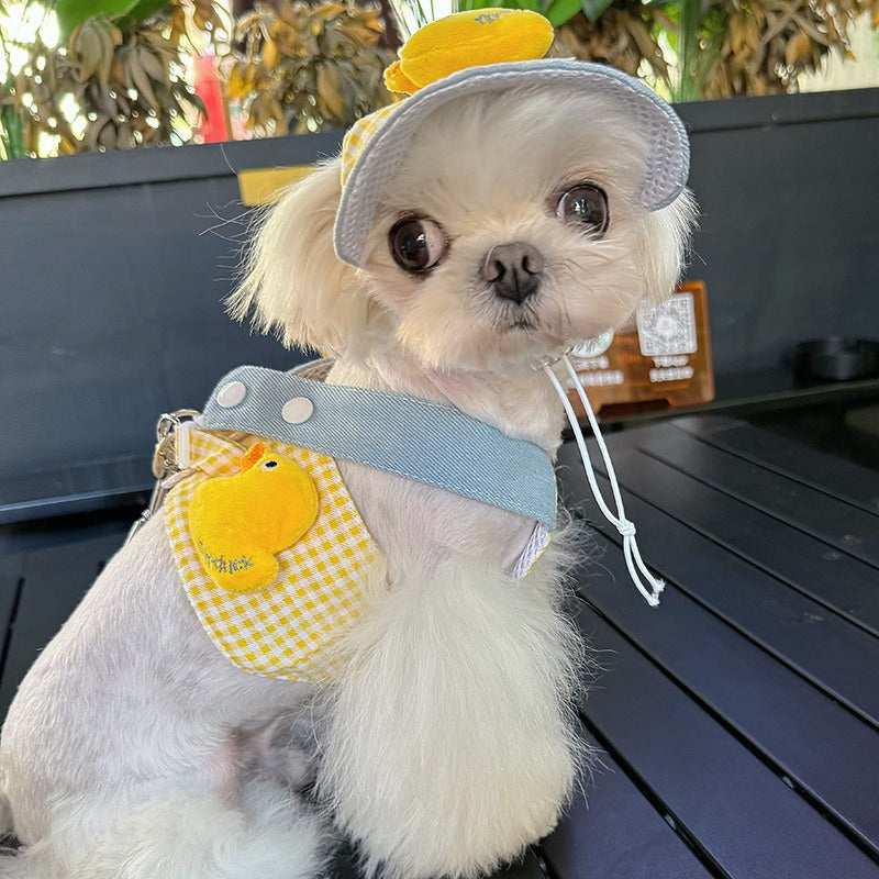 애완 동물 강아지 고양이 봄 여름 가슴 등 견인 끈 차양 모자 강아지 자외선 차단 모자 가슴 등 견인 세트 No.1378