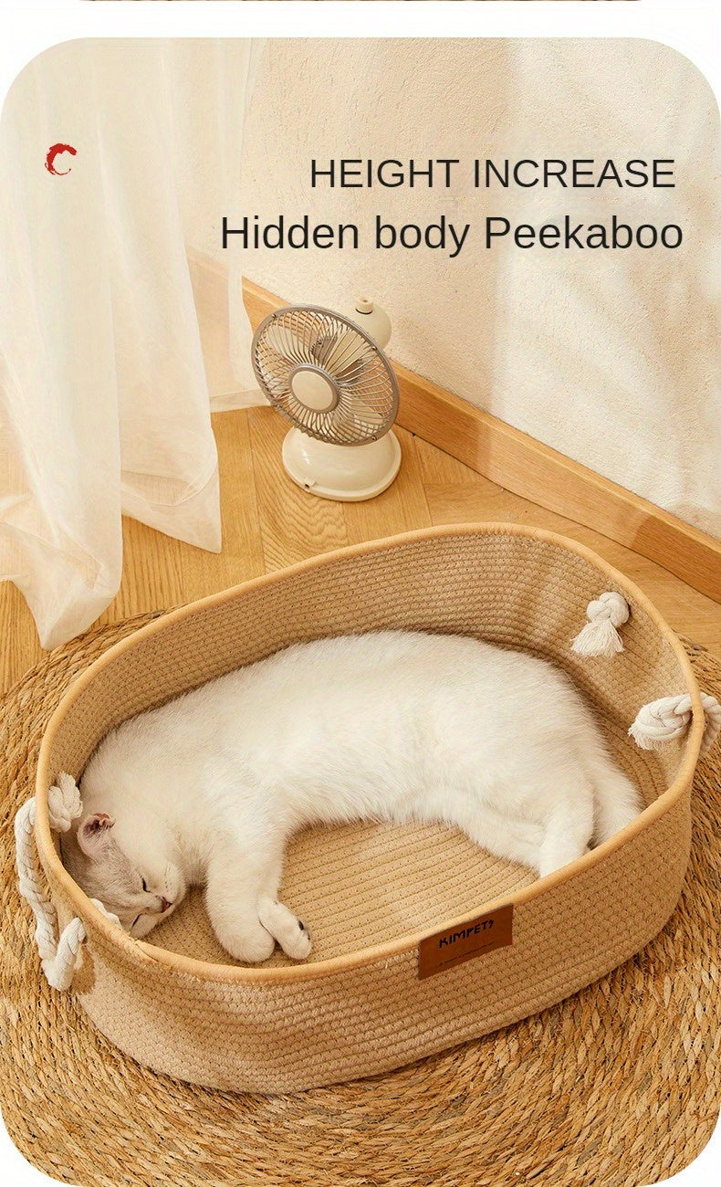 농가 스타일 수제 바느질 코드 고양이 둥지, 내구성 있는 자연 섬유 여름 시원한 침대와 통합된 긁는 패드, 내마모성 로프 직조, 휴대용 야외 휴대용 고양이 집No.3136