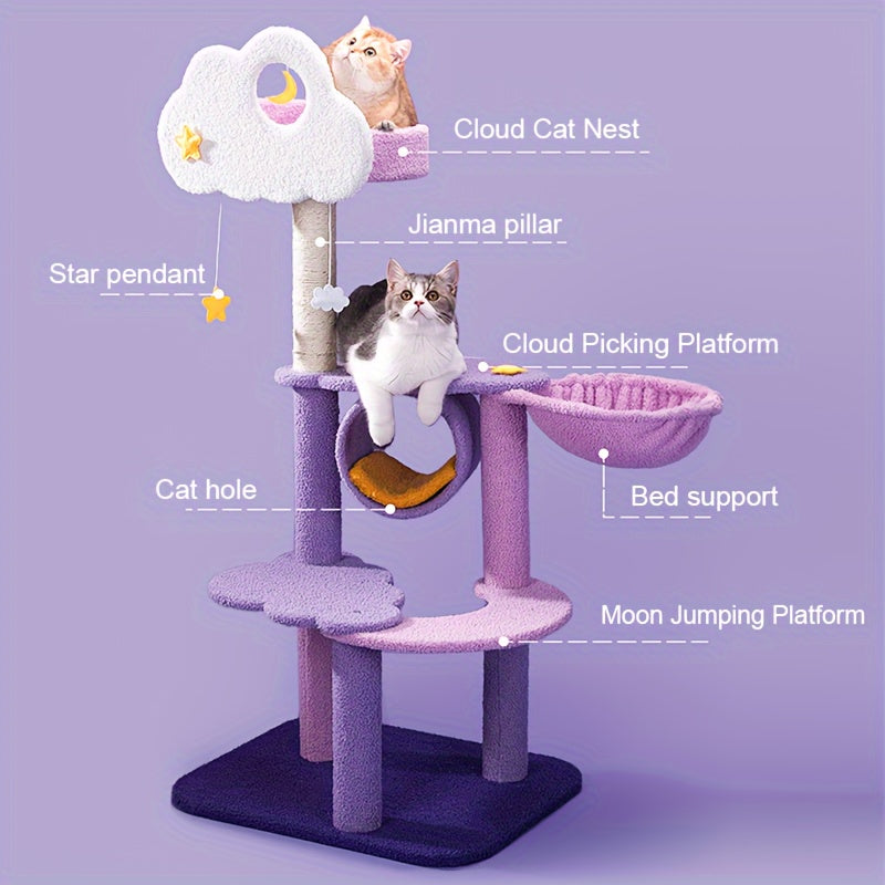 1개의 Whisker Wonders 다층 고양이 나무 타워, 스크래칭 포스트, 클라우드 퍼치, 별 모양 펜던트 및 아늑한 침대 포함 - 내구성 있는 파티클 보드 구조, 고양이를 위한 대화형 놀이터No.3200