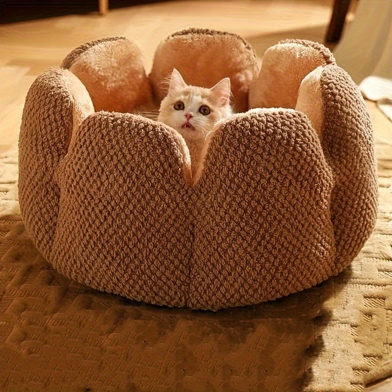 편안한 플러시 꽃잎 모양 고양이 침대 - 부드럽고 따뜻한 둥근 쿠션 매트, 새끼 고양이 & 강아지용, 녹색 니트 질감, 폴리에스테르 충전 - 겨울용 완벽한 편안함, 아늑한 애완동물 쿠션|꽃잎 모양 침대|편안한 애완동물 침대, 고양이용 애완동물 침대No.3135