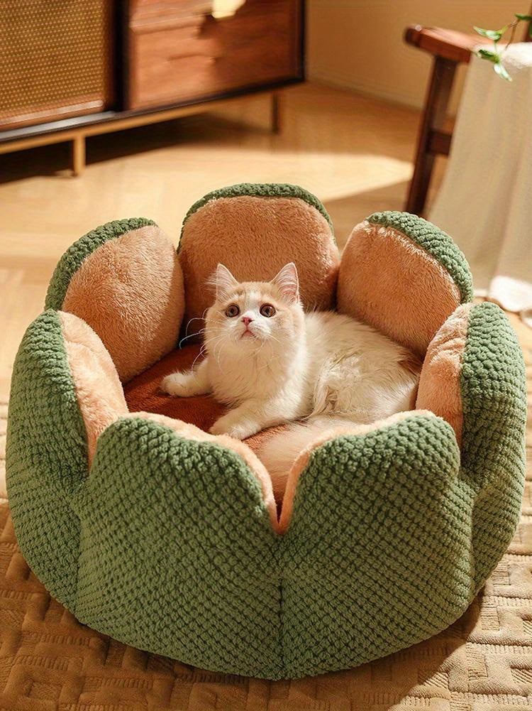 편안한 플러시 꽃잎 모양 고양이 침대 - 부드럽고 따뜻한 둥근 쿠션 매트, 새끼 고양이 & 강아지용, 녹색 니트 질감, 폴리에스테르 충전 - 겨울용 완벽한 편안함, 아늑한 애완동물 쿠션|꽃잎 모양 침대|편안한 애완동물 침대, 고양이용 애완동물 침대No.3135