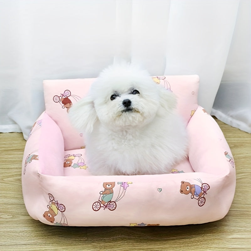 소형~중형견용 포근한 플러시 강아지 침대 - 사랑스러운 곰돌이와 그네 패턴의 부드러운 핑크색 펫 네스트, 두꺼운 보온감으로 사계절 편안함과 깊은 수면 및 목 지지No.3312