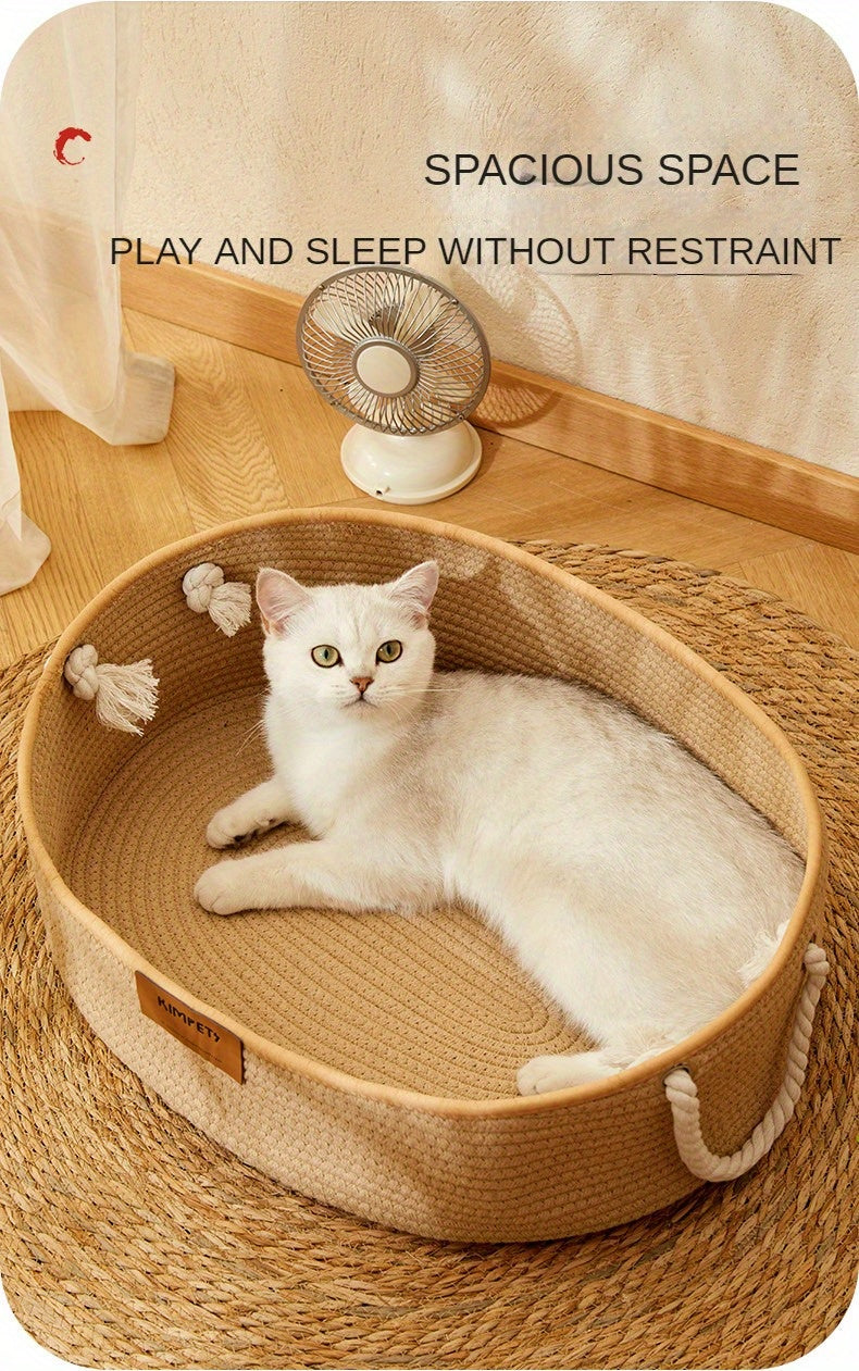 농가 스타일 수제 바느질 코드 고양이 둥지, 내구성 있는 자연 섬유 여름 시원한 침대와 통합된 긁는 패드, 내마모성 로프 직조, 휴대용 야외 휴대용 고양이 집No.3136