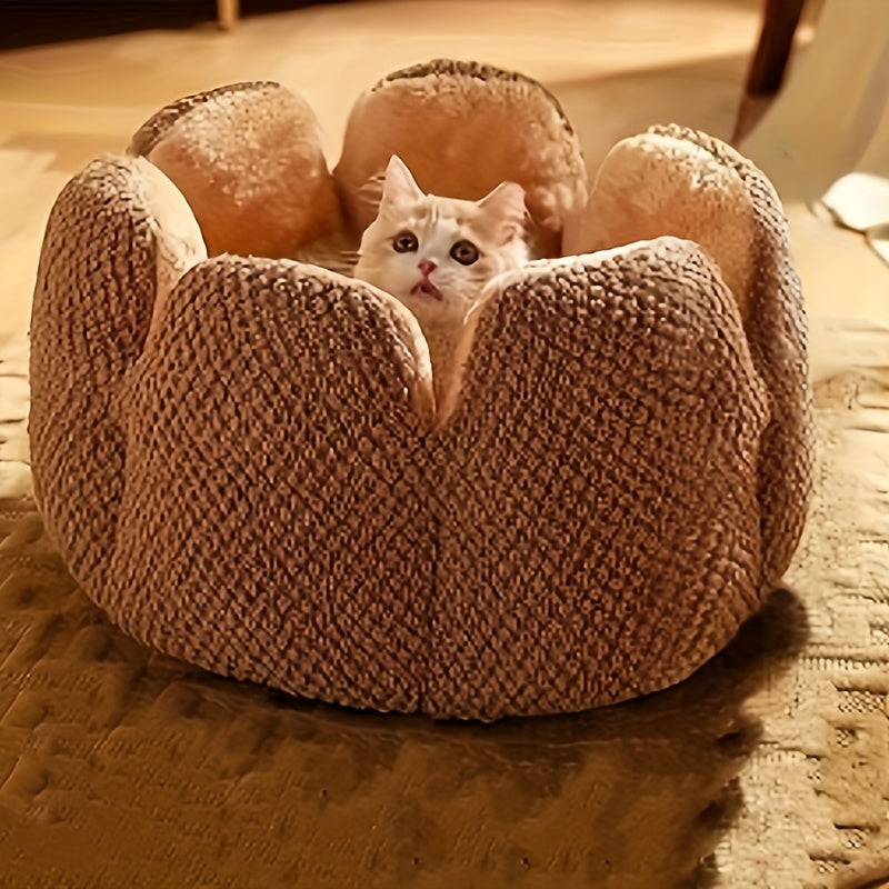 편안한 플러시 꽃잎 모양 고양이 침대 - 부드럽고 따뜻한 둥근 쿠션 매트, 새끼 고양이 & 강아지용, 녹색 니트 질감, 폴리에스테르 충전 - 겨울용 완벽한 편안함, 아늑한 애완동물 쿠션|꽃잎 모양 침대|편안한 애완동물 침대, 고양이용 애완동물 침대No.3135