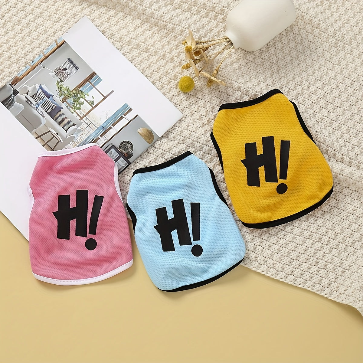 가벼운 여름용 애완동물 조끼 - 통기성 좋은 니트 개 & 고양이 탱크탑, "H!" 프린트 디자인, 소형견용 기계 세탁 가능, 개 탱크탑No.3261