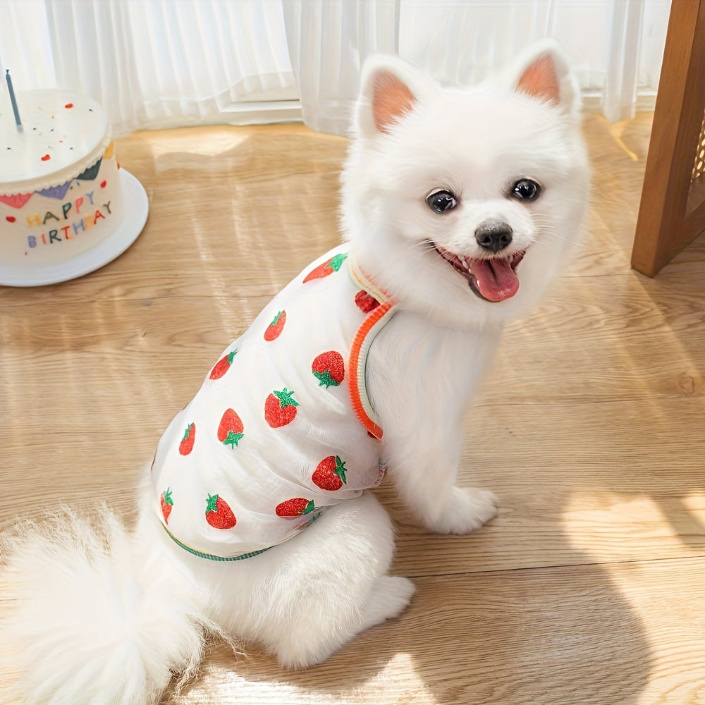 개와 고양이용 통기성 좋은 얇은 티셔츠, 딸기색 도트 프린트가 있는 반려동물 자외선 차단 하네스 2개 세트No.3273