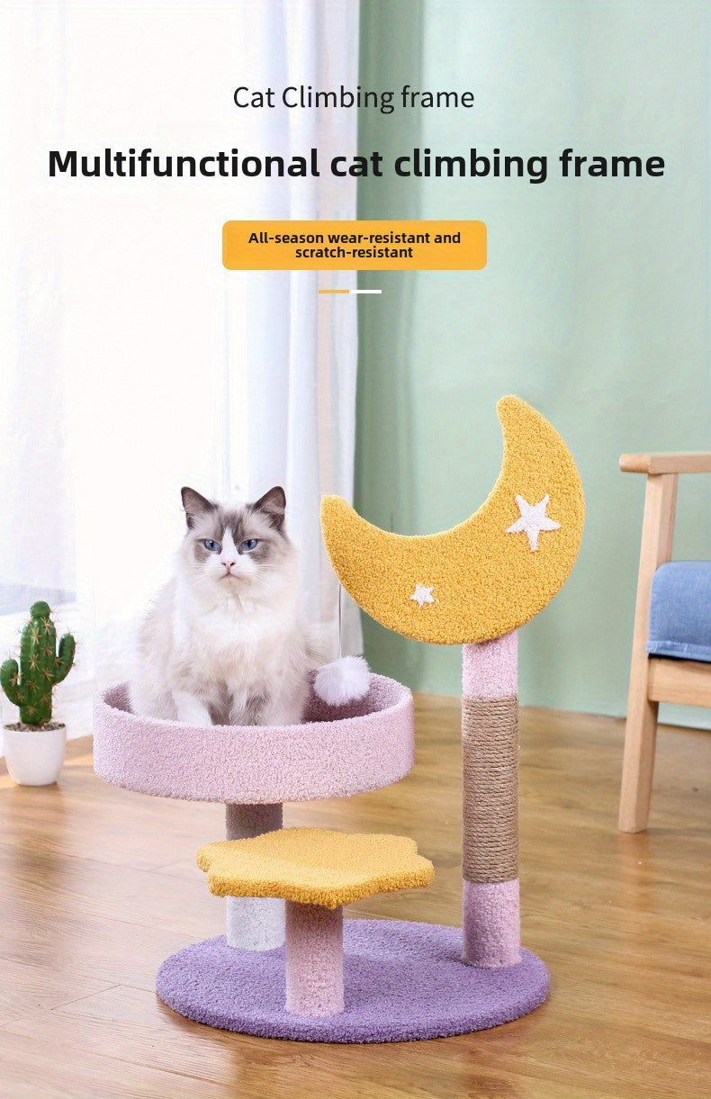 새로운 사이잘 별과 달 고양이 등반 프레임 삼층 고양이 스크래칭 보드, 고양이 스크래칭 포스트, 고양이 집, 점프 플랫폼, 공장 직접 공급, 실내 고양이를 위한 천연 사이잘 로프 고양이 장난감No.3144