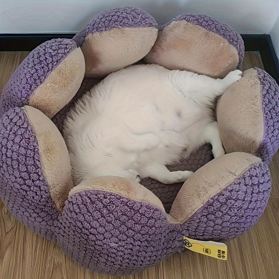 편안한 플러시 꽃잎 모양 고양이 침대 - 부드럽고 따뜻한 둥근 쿠션 매트, 새끼 고양이 & 강아지용, 녹색 니트 질감, 폴리에스테르 충전 - 겨울용 완벽한 편안함, 아늑한 애완동물 쿠션|꽃잎 모양 침대|편안한 애완동물 침대, 고양이용 애완동물 침대No.3135