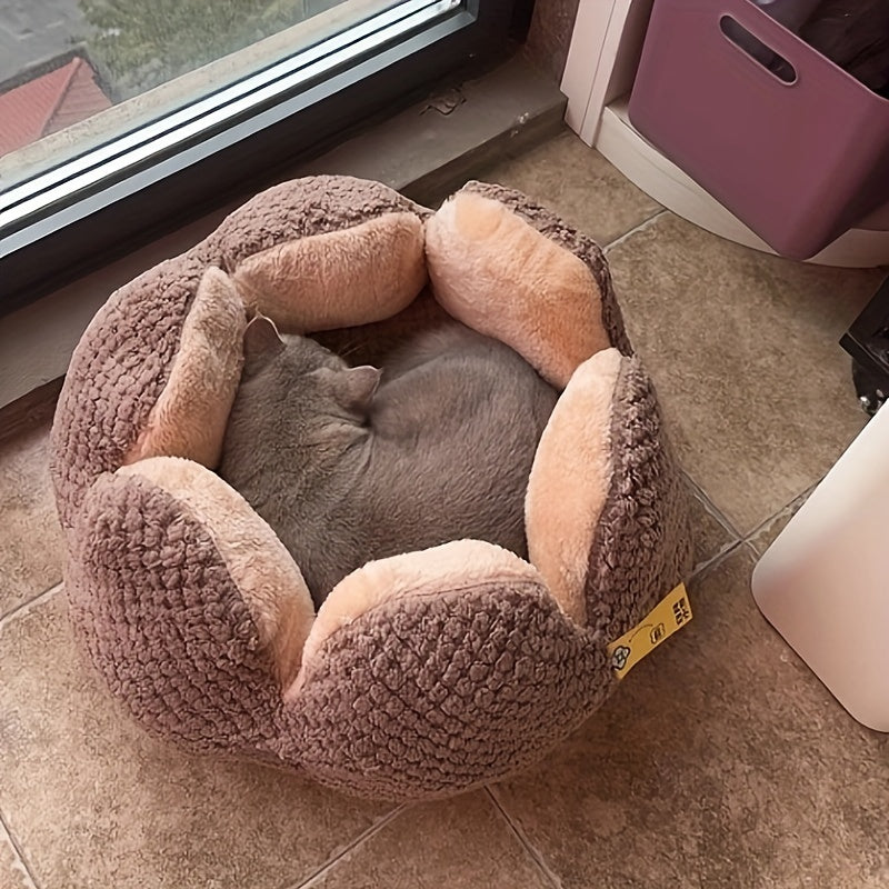 편안한 플러시 꽃잎 모양 고양이 침대 - 부드럽고 따뜻한 둥근 쿠션 매트, 새끼 고양이 & 강아지용, 녹색 니트 질감, 폴리에스테르 충전 - 겨울용 완벽한 편안함, 아늑한 애완동물 쿠션|꽃잎 모양 침대|편안한 애완동물 침대, 고양이용 애완동물 침대No.3135