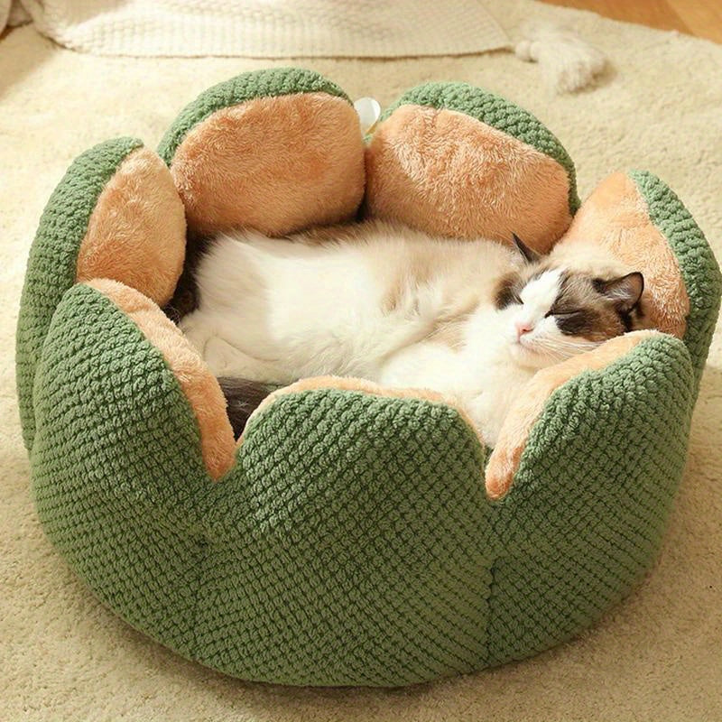 편안한 플러시 꽃잎 모양 고양이 침대 - 부드럽고 따뜻한 둥근 쿠션 매트, 새끼 고양이 & 강아지용, 녹색 니트 질감, 폴리에스테르 충전 - 겨울용 완벽한 편안함, 아늑한 애완동물 쿠션|꽃잎 모양 침대|편안한 애완동물 침대, 고양이용 애완동물 침대No.3135