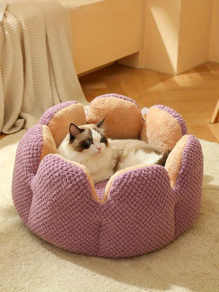 편안한 플러시 꽃잎 모양 고양이 침대 - 부드럽고 따뜻한 둥근 쿠션 매트, 새끼 고양이 & 강아지용, 녹색 니트 질감, 폴리에스테르 충전 - 겨울용 완벽한 편안함, 아늑한 애완동물 쿠션|꽃잎 모양 침대|편안한 애완동물 침대, 고양이용 애완동물 침대No.3135