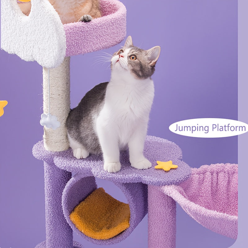 1개의 Whisker Wonders 다층 고양이 나무 타워, 스크래칭 포스트, 클라우드 퍼치, 별 모양 펜던트 및 아늑한 침대 포함 - 내구성 있는 파티클 보드 구조, 고양이를 위한 대화형 놀이터No.3200