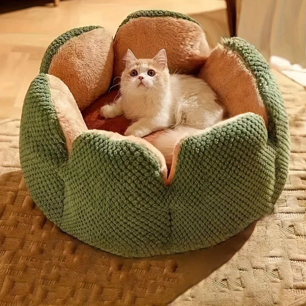 편안한 플러시 꽃잎 모양 고양이 침대 - 부드럽고 따뜻한 둥근 쿠션 매트, 새끼 고양이 & 강아지용, 녹색 니트 질감, 폴리에스테르 충전 - 겨울용 완벽한 편안함, 아늑한 애완동물 쿠션|꽃잎 모양 침대|편안한 애완동물 침대, 고양이용 애완동물 침대No.3135