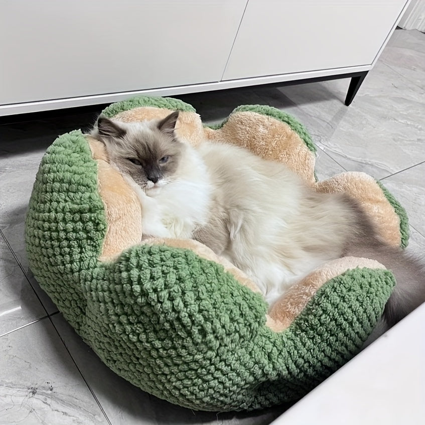 편안한 플러시 꽃잎 모양 고양이 침대 - 부드럽고 따뜻한 둥근 쿠션 매트, 새끼 고양이 & 강아지용, 녹색 니트 질감, 폴리에스테르 충전 - 겨울용 완벽한 편안함, 아늑한 애완동물 쿠션|꽃잎 모양 침대|편안한 애완동물 침대, 고양이용 애완동물 침대No.3135