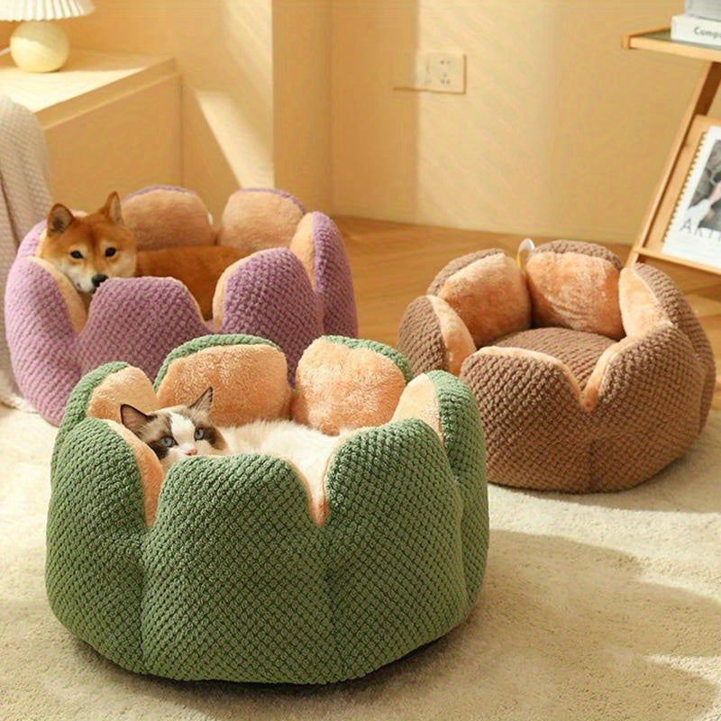 편안한 플러시 꽃잎 모양 고양이 침대 - 부드럽고 따뜻한 둥근 쿠션 매트, 새끼 고양이 & 강아지용, 녹색 니트 질감, 폴리에스테르 충전 - 겨울용 완벽한 편안함, 아늑한 애완동물 쿠션|꽃잎 모양 침대|편안한 애완동물 침대, 고양이용 애완동물 침대No.3135