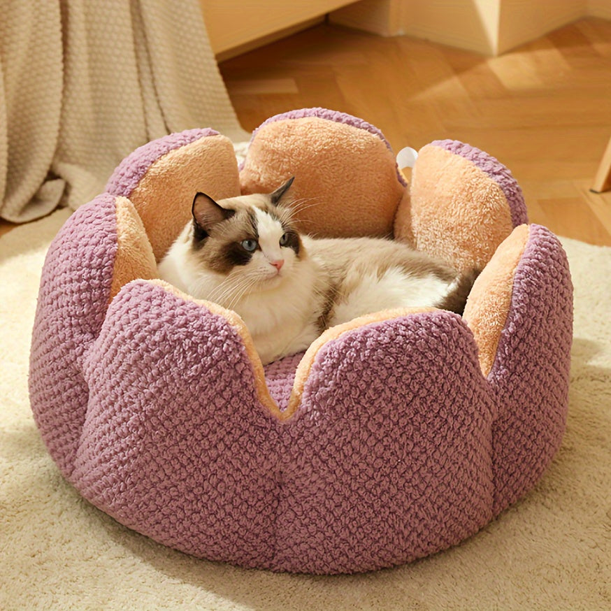 편안한 플러시 꽃잎 모양 고양이 침대 - 부드럽고 따뜻한 둥근 쿠션 매트, 새끼 고양이 & 강아지용, 녹색 니트 질감, 폴리에스테르 충전 - 겨울용 완벽한 편안함, 아늑한 애완동물 쿠션|꽃잎 모양 침대|편안한 애완동물 침대, 고양이용 애완동물 침대No.3135