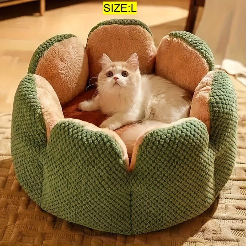 편안한 플러시 꽃잎 모양 고양이 침대 - 부드럽고 따뜻한 둥근 쿠션 매트, 새끼 고양이 & 강아지용, 녹색 니트 질감, 폴리에스테르 충전 - 겨울용 완벽한 편안함, 아늑한 애완동물 쿠션|꽃잎 모양 침대|편안한 애완동물 침대, 고양이용 애완동물 침대No.3135