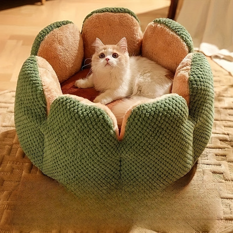 편안한 플러시 꽃잎 모양 고양이 침대 - 부드럽고 따뜻한 둥근 쿠션 매트, 새끼 고양이 & 강아지용, 녹색 니트 질감, 폴리에스테르 충전 - 겨울용 완벽한 편안함, 아늑한 애완동물 쿠션|꽃잎 모양 침대|편안한 애완동물 침대, 고양이용 애완동물 침대No.3135
