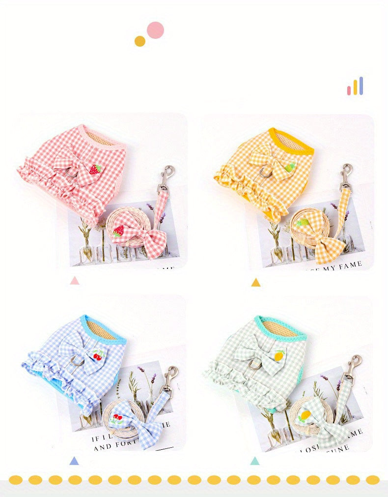 개 하네스 및 가죽 끈 세트 개 견인 로프 고양이 강아지 그리드 Bowtie 패브릭 꽃 클립 장식No.3246