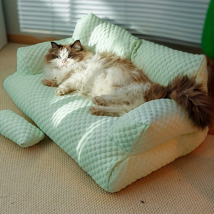 아마카트 코지 아이스 큐브 고양이 침대 (플러시 베개 포함) - 부드러운 폴리에스터, 탈부착 가능 & 세탁 가능, 라이트 블루 퀼팅 디자인의 최고의 편안함을 위한 고양이 가구 침대No.3277