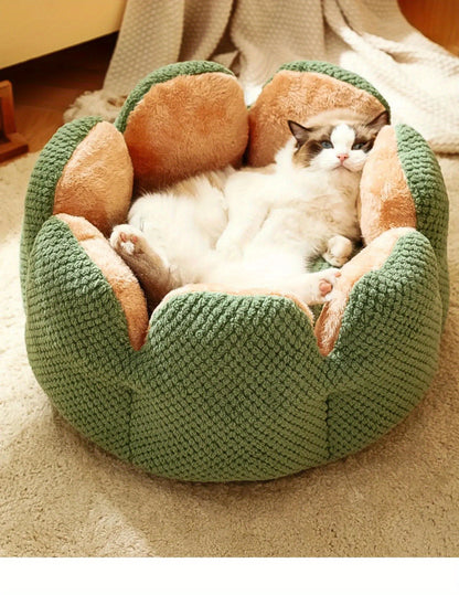 편안한 플러시 꽃잎 모양 고양이 침대 - 부드럽고 따뜻한 둥근 쿠션 매트, 새끼 고양이 & 강아지용, 녹색 니트 질감, 폴리에스테르 충전 - 겨울용 완벽한 편안함, 아늑한 애완동물 쿠션|꽃잎 모양 침대|편안한 애완동물 침대, 고양이용 애완동물 침대No.3135