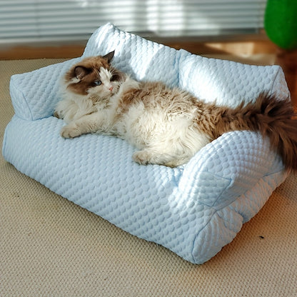 아마카트 코지 아이스 큐브 고양이 침대 (플러시 베개 포함) - 부드러운 폴리에스터, 탈부착 가능 & 세탁 가능, 라이트 블루 퀼팅 디자인의 최고의 편안함을 위한 고양이 가구 침대No.3277