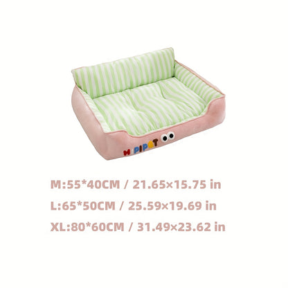 부드러운 플러시 표면과 통기성 원단이 있는 포근한 줄무늬 고양이 침대, 미끄럼 방지 바닥, 사계절용 편안함 - 핑크 & 그린 디자인No.3308