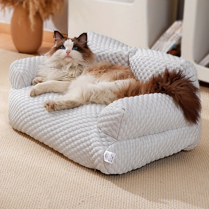 아마카트 코지 아이스 큐브 고양이 침대 (플러시 베개 포함) - 부드러운 폴리에스터, 탈부착 가능 & 세탁 가능, 라이트 블루 퀼팅 디자인의 최고의 편안함을 위한 고양이 가구 침대No.3277