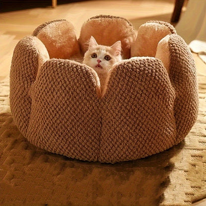 편안한 플러시 꽃잎 모양 고양이 침대 - 부드럽고 따뜻한 둥근 쿠션 매트, 새끼 고양이 & 강아지용, 녹색 니트 질감, 폴리에스테르 충전 - 겨울용 완벽한 편안함, 아늑한 애완동물 쿠션|꽃잎 모양 침대|편안한 애완동물 침대, 고양이용 애완동물 침대No.3135