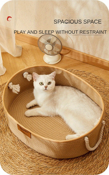 농가 스타일 수제 바느질 코드 고양이 둥지, 내구성 있는 자연 섬유 여름 시원한 침대와 통합된 긁는 패드, 내마모성 로프 직조, 휴대용 야외 휴대용 고양이 집No.3136