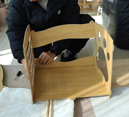 스크래칭 보드 및 포근한 패드로 구성된 2단 고양이 이층 침대 - 공간 절약형, 따뜻하고 편안한 다고양이 가족을 위한 자연 목재 디자인과 발자국 컷아웃, 멀티캣 하우징 | 반밀폐형 침대 | 짠 패드No.3291
