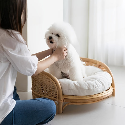 라탄 짠 애완견 침대, 여름 시원한 둥근 보헤미안 소형 애완동물 둥지, 코르크 재질, 조립 필요 없음, 소형 품종에 적합No.3293