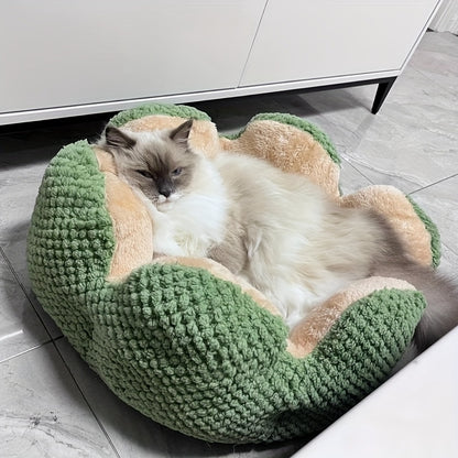 편안한 플러시 꽃잎 모양 고양이 침대 - 부드럽고 따뜻한 둥근 쿠션 매트, 새끼 고양이 & 강아지용, 녹색 니트 질감, 폴리에스테르 충전 - 겨울용 완벽한 편안함, 아늑한 애완동물 쿠션|꽃잎 모양 침대|편안한 애완동물 침대, 고양이용 애완동물 침대No.3135