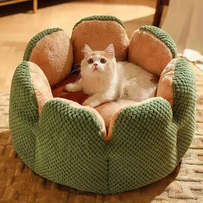 편안한 플러시 꽃잎 모양 고양이 침대 - 부드럽고 따뜻한 둥근 쿠션 매트, 새끼 고양이 & 강아지용, 녹색 니트 질감, 폴리에스테르 충전 - 겨울용 완벽한 편안함, 아늑한 애완동물 쿠션|꽃잎 모양 침대|편안한 애완동물 침대, 고양이용 애완동물 침대No.3135