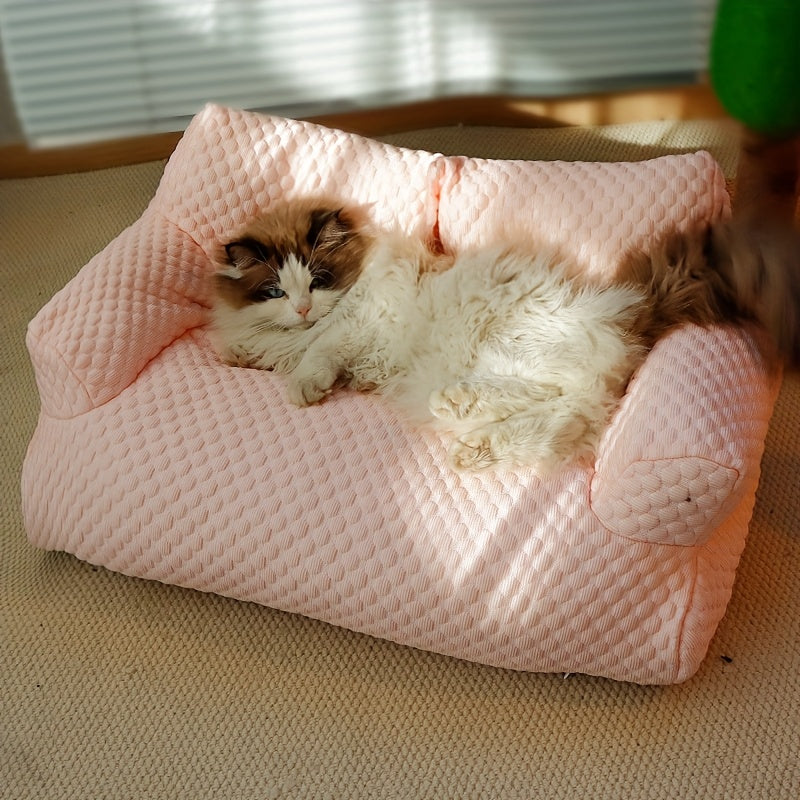 아마카트 코지 아이스 큐브 고양이 침대 (플러시 베개 포함) - 부드러운 폴리에스터, 탈부착 가능 & 세탁 가능, 라이트 블루 퀼팅 디자인의 최고의 편안함을 위한 고양이 가구 침대No.3277