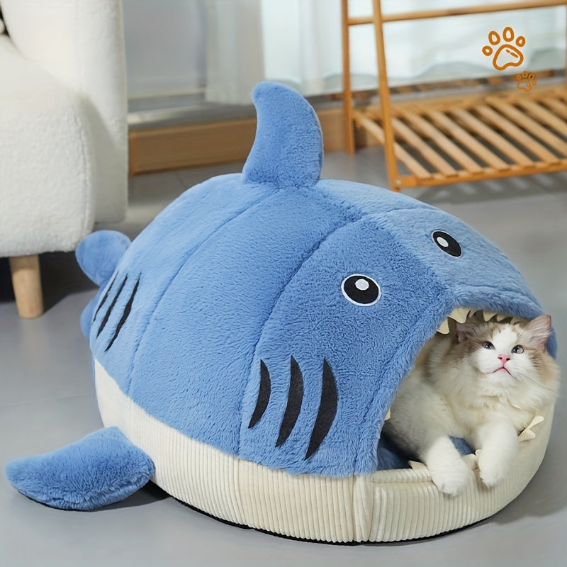 고양이 & 개를 위한 포근한 상어 모양 펫 베드 - 현대적, 두꺼운 플러시 겨울 둥지, 조립 불필요 폴리에스테르No.3306